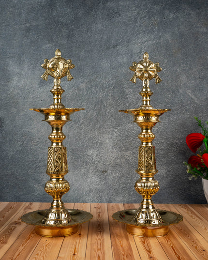 Brass Shankh Chakra Kuthu Vilakku - 16 inch - WL5505