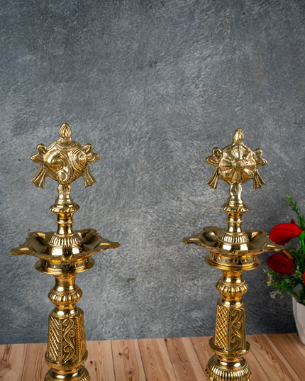 Brass Shankh Chakra Kuthu Vilakku - 16 inch - WL5505