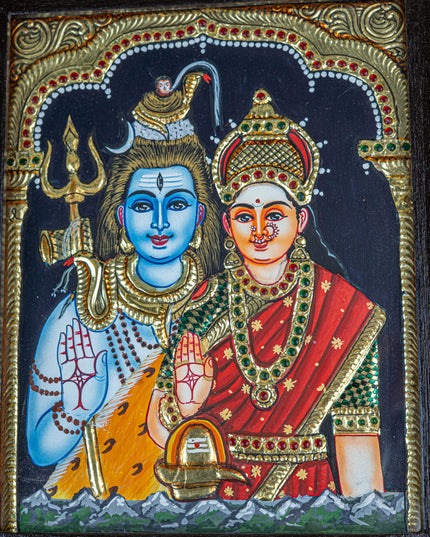 Tanjore Painting - Shivan-Parvati - Flat (Gold Foil) - 10x8 inch - WL5509