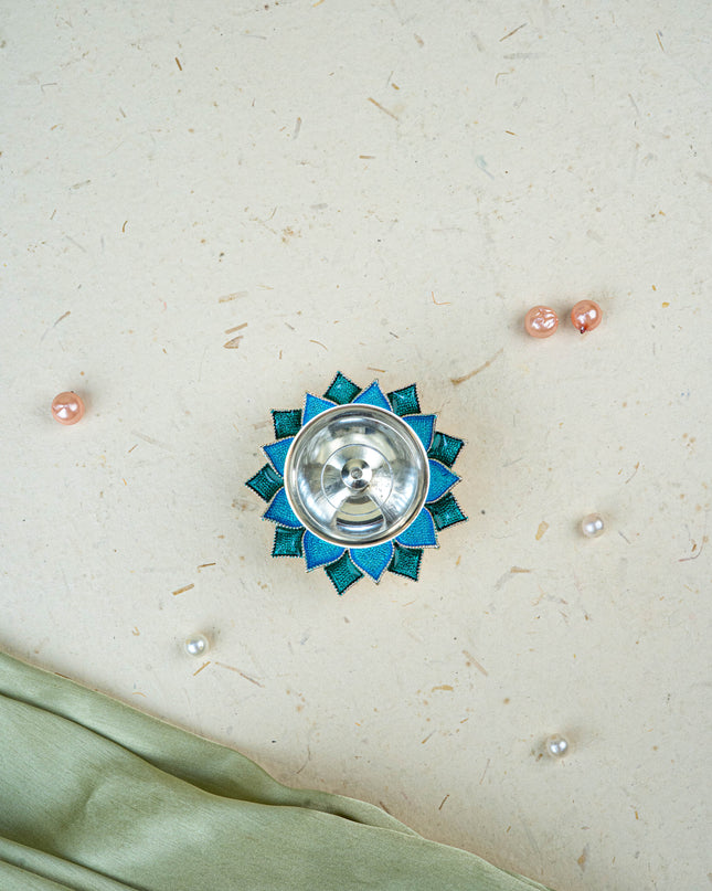 White Metal Floral Diya - Blue - WL5534-1