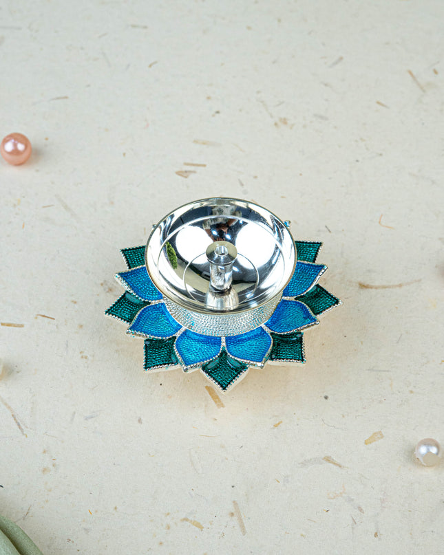 White Metal Floral Diya - Blue - WL5534-1