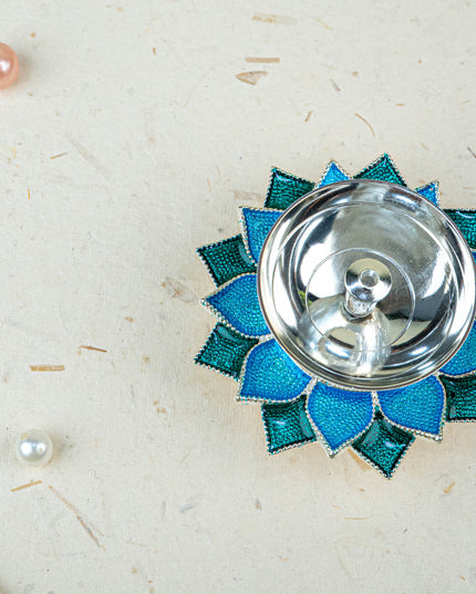 White Metal Floral Diya - Blue - WL5534-1