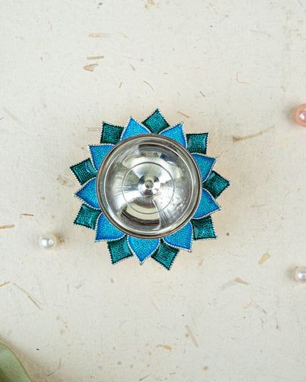 White Metal Floral Diya - Blue - WL5534-1