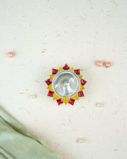 White Metal Floral Diya - Red - WL5534-2