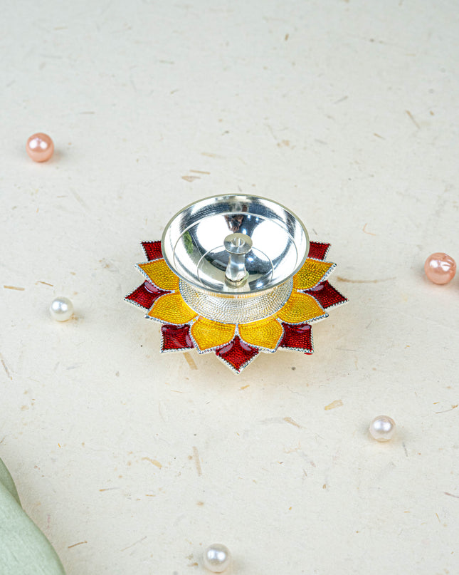 White Metal Floral Diya - Red - WL5534-2