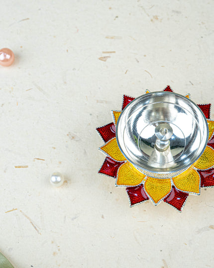 White Metal Floral Diya - Red - WL5534-2