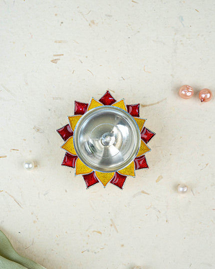 White Metal Floral Diya - Red - WL5534-2