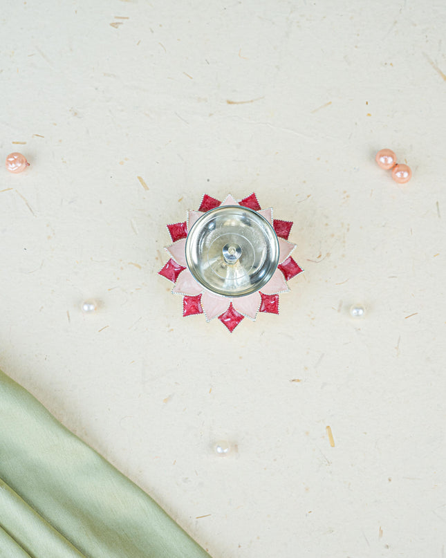 White Metal Floral Diya - Pink - WL5534-3