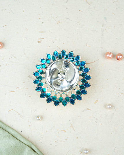 White Metal Designer Diya - Blue - WL5535-2