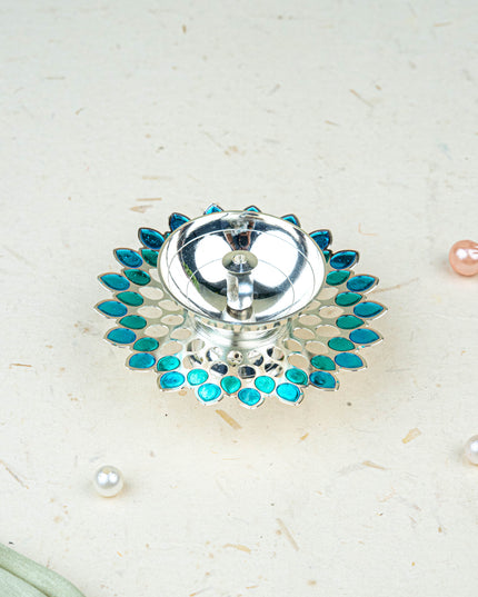 White Metal Designer Diya - Blue - WL5535-2
