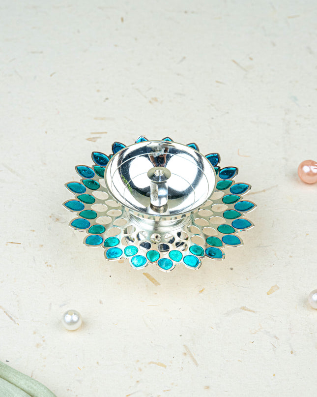 White Metal Designer Diya - Blue - WL5535-2