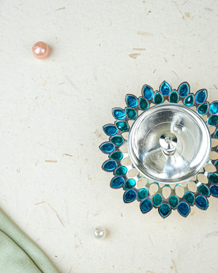 White Metal Designer Diya - Blue - WL5535-2