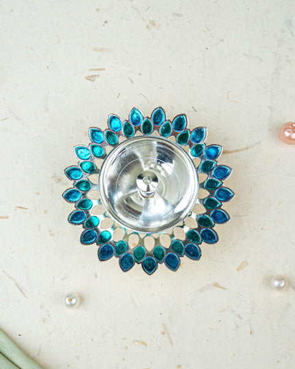 White Metal Designer Diya - Blue - WL5535-2