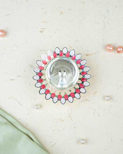 White Metal Designer Diya - Pink - WL5535-1