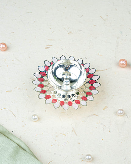 White Metal Designer Diya - Pink - WL5535-1