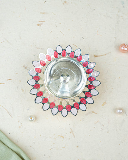 White Metal Designer Diya - Pink - WL5535-1