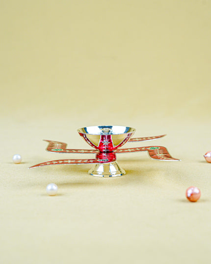 White Metal Swastik Shape Diya - Red - WL5549-1