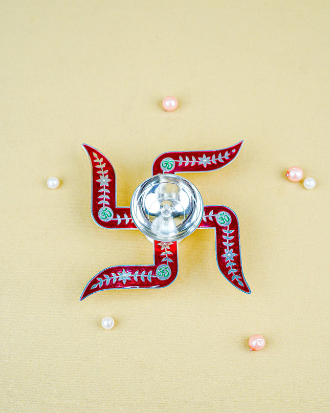 White Metal Swastik Shape Diya - Red - WL5549-1