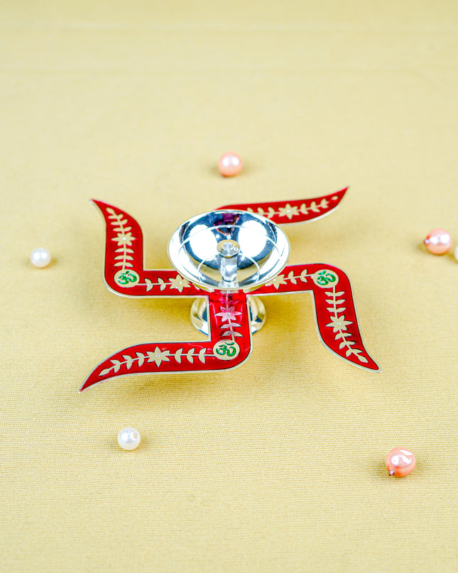 White Metal Swastik Shape Diya - Red - WL5549-1