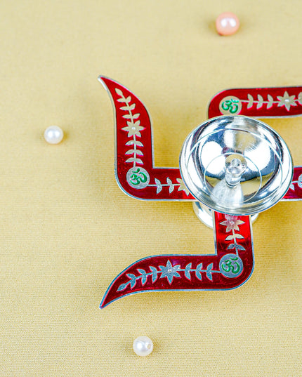 White Metal Swastik Shape Diya - Red - WL5549-1