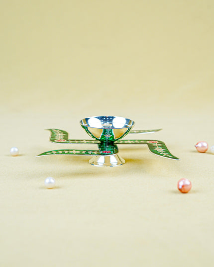 White Metal Swastik Shape Diya - Green - WL5549-2