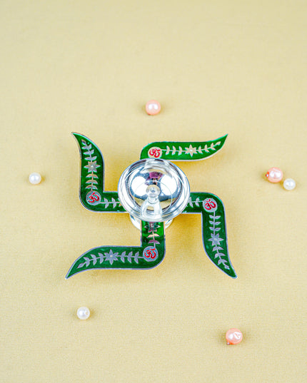 White Metal Swastik Shape Diya - Green - WL5549-2