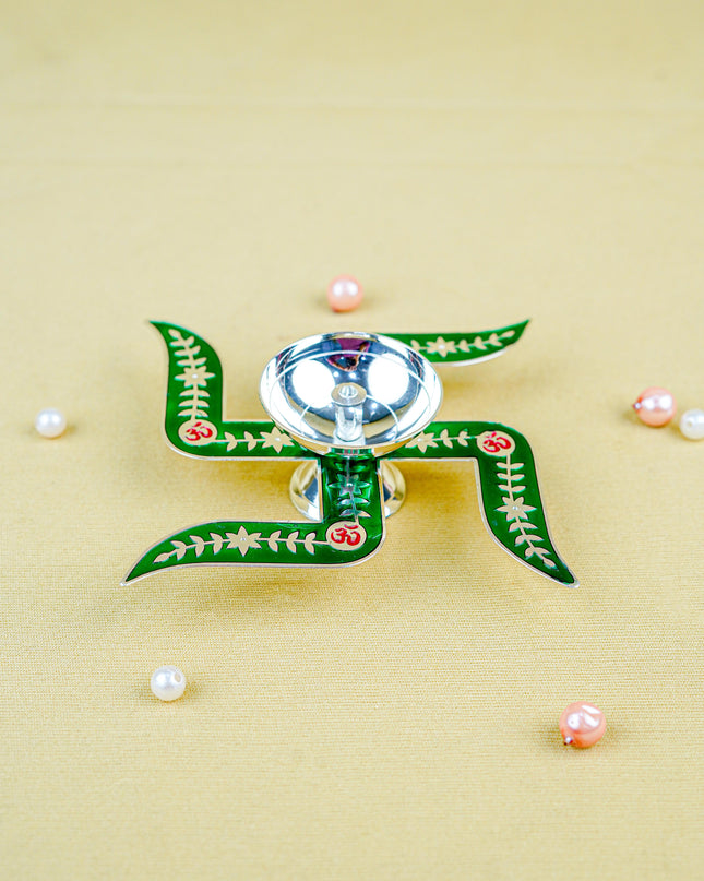 White Metal Swastik Shape Diya - Green - WL5549-2