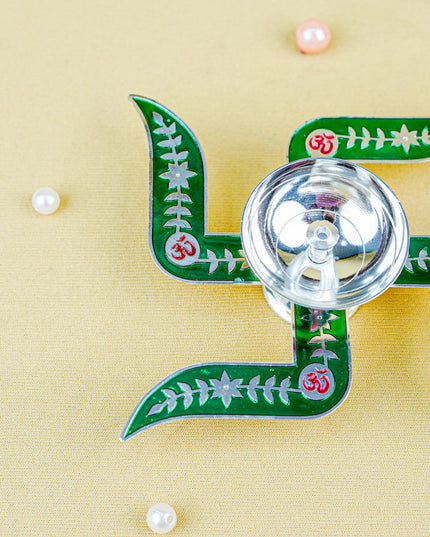 White Metal Swastik Shape Diya - Green - WL5549-2