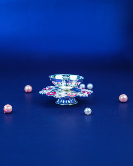 White Metal Floral Diya - Pink - WL5551-1