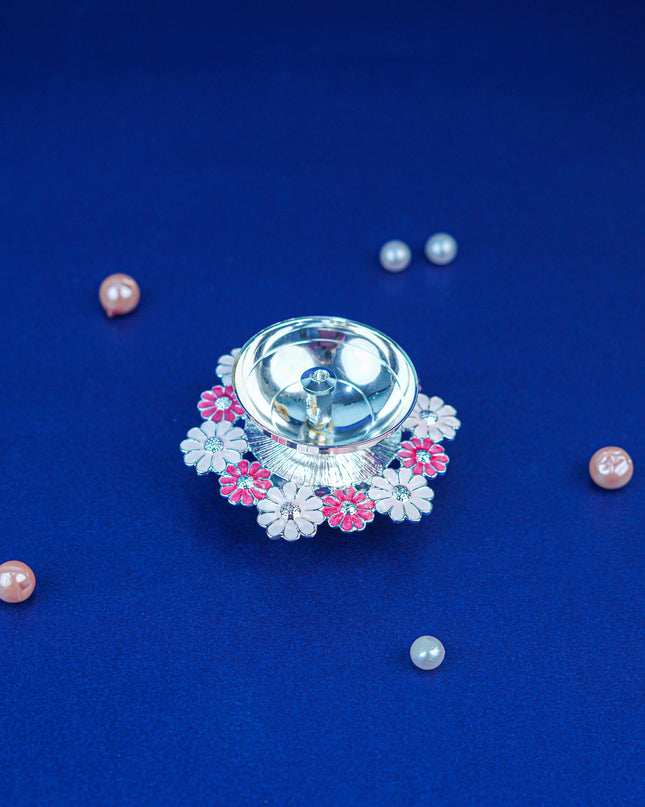 White Metal Floral Diya - Pink - WL5551-1