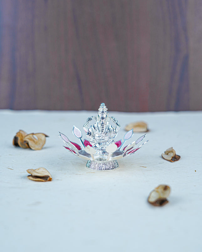 White Metal Lord Ganesha on Designer Base - Pink - WL5552-1