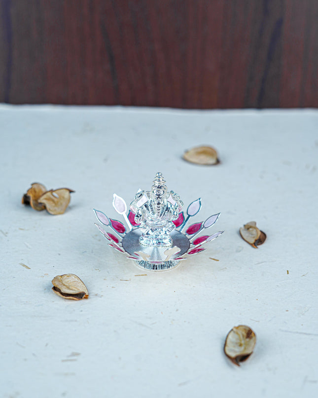 White Metal Lord Ganesha on Designer Base - Pink - WL5552-1