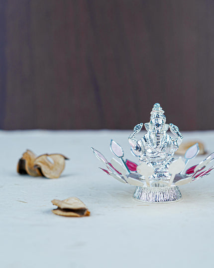 White Metal Lord Ganesha on Designer Base - Pink - WL5552-1