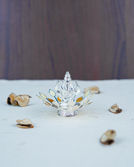 White Metal Lord Ganesha on Designer Base - Beige - WL5553-1