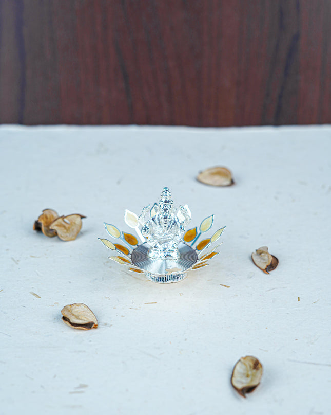 White Metal Lord Ganesha on Designer Base - Beige - WL5553-1