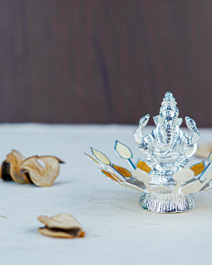 White Metal Lord Ganesha on Designer Base - Beige - WL5553-1