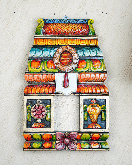 Wooden Carved - Kovil Gopuram with Namam - Shankh Chakra Wall Hanging - 18 inch - WL5561