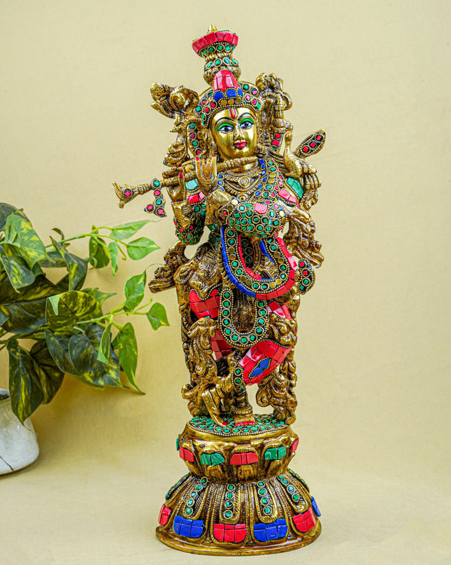 Brass Krishna Idol with Stone Work - 18 inch - WL5562