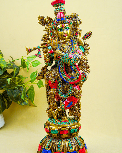 Brass Krishna Idol with Stone Work - 18 inch - WL5562