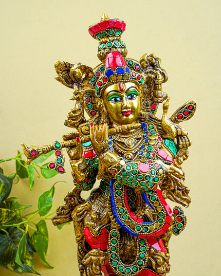 Brass Krishna Idol with Stone Work - 18 inch - WL5562