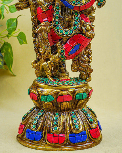 Brass Krishna Idol with Stone Work - 18 inch - WL5562