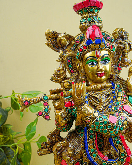 Brass Krishna Idol with Stone Work - 18 inch - WL5562