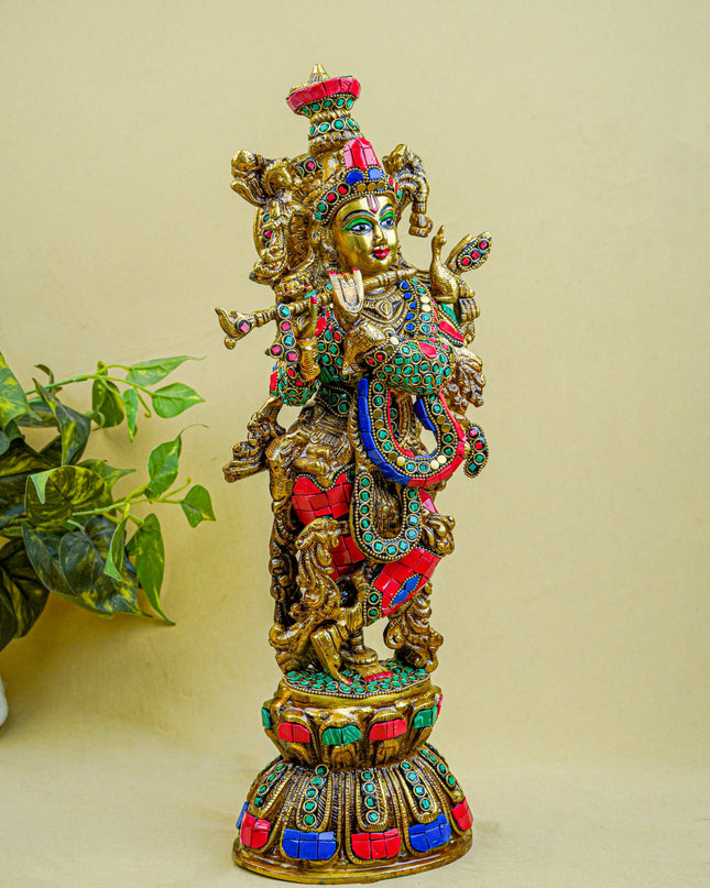 Brass Krishna Idol with Stone Work - 18 inch - WL5562