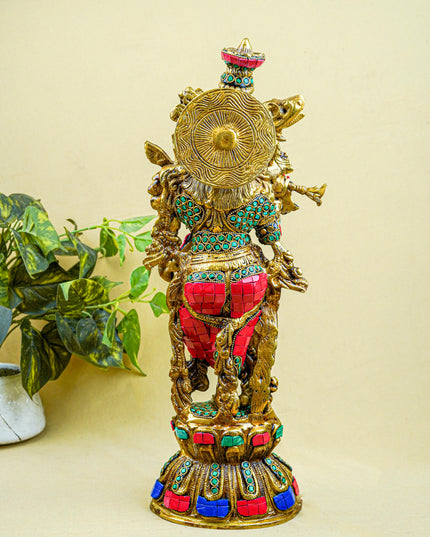 Brass Krishna Idol with Stone Work - 18 inch - WL5562