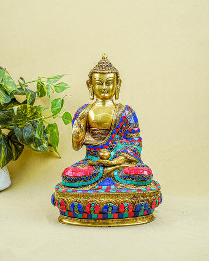 Brass Buddha Idol with Stone Work - 12 inch - WL5563