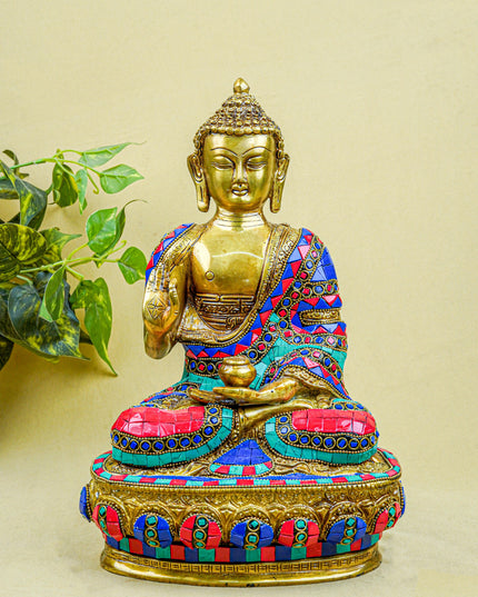 Brass Buddha Idol with Stone Work - 12 inch - WL5563