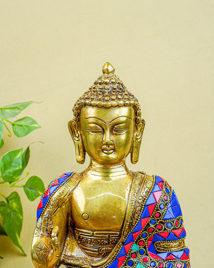 Brass Buddha Idol with Stone Work - 12 inch - WL5563