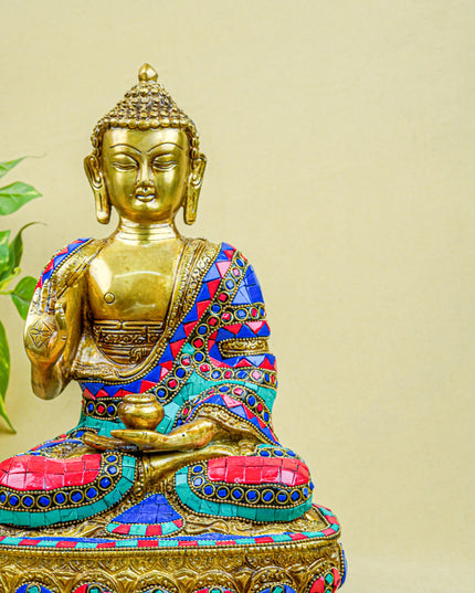 Brass Buddha Idol with Stone Work - 12 inch - WL5563