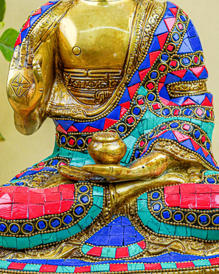 Brass Buddha Idol with Stone Work - 12 inch - WL5563