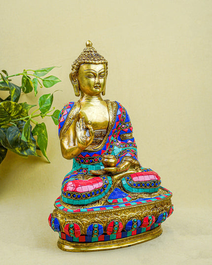 Brass Buddha Idol with Stone Work - 12 inch - WL5563